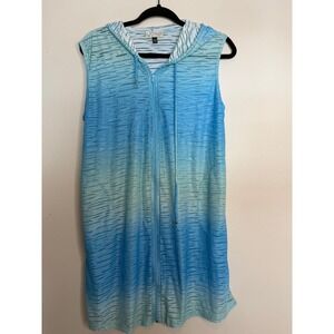 J Valdi Blue Ombre Textured Sleeveless Zip Front Hooded Swim Cover Up Dress L